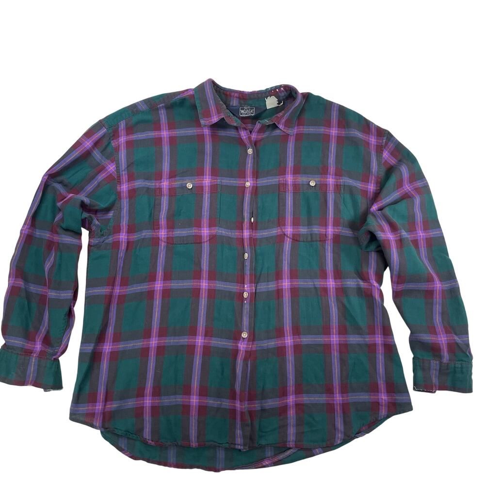 Woolrich Vintage 80s Plaid Flannel Shirt Teal Purple Button Up Large Woman XL